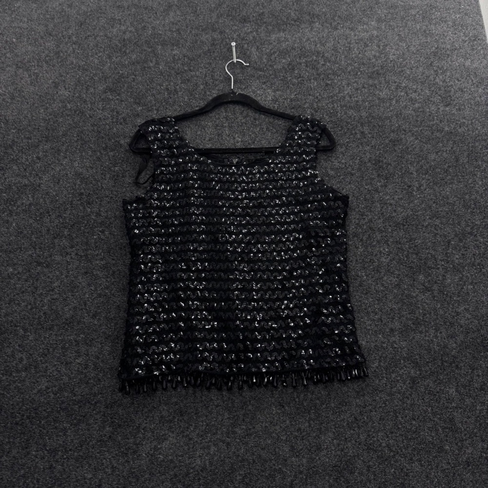 Vintage Black Sequin Knit Tank Top Beaded Fringe Hem Sleeveless Party Blouse